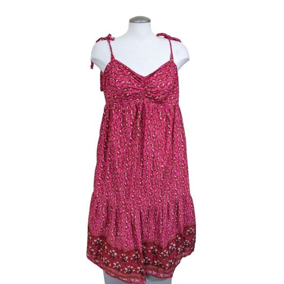 C C California Maxi Dress Sundress Large Smocked Tiered Cotton Pink Red Floral - Picture 1 of 9